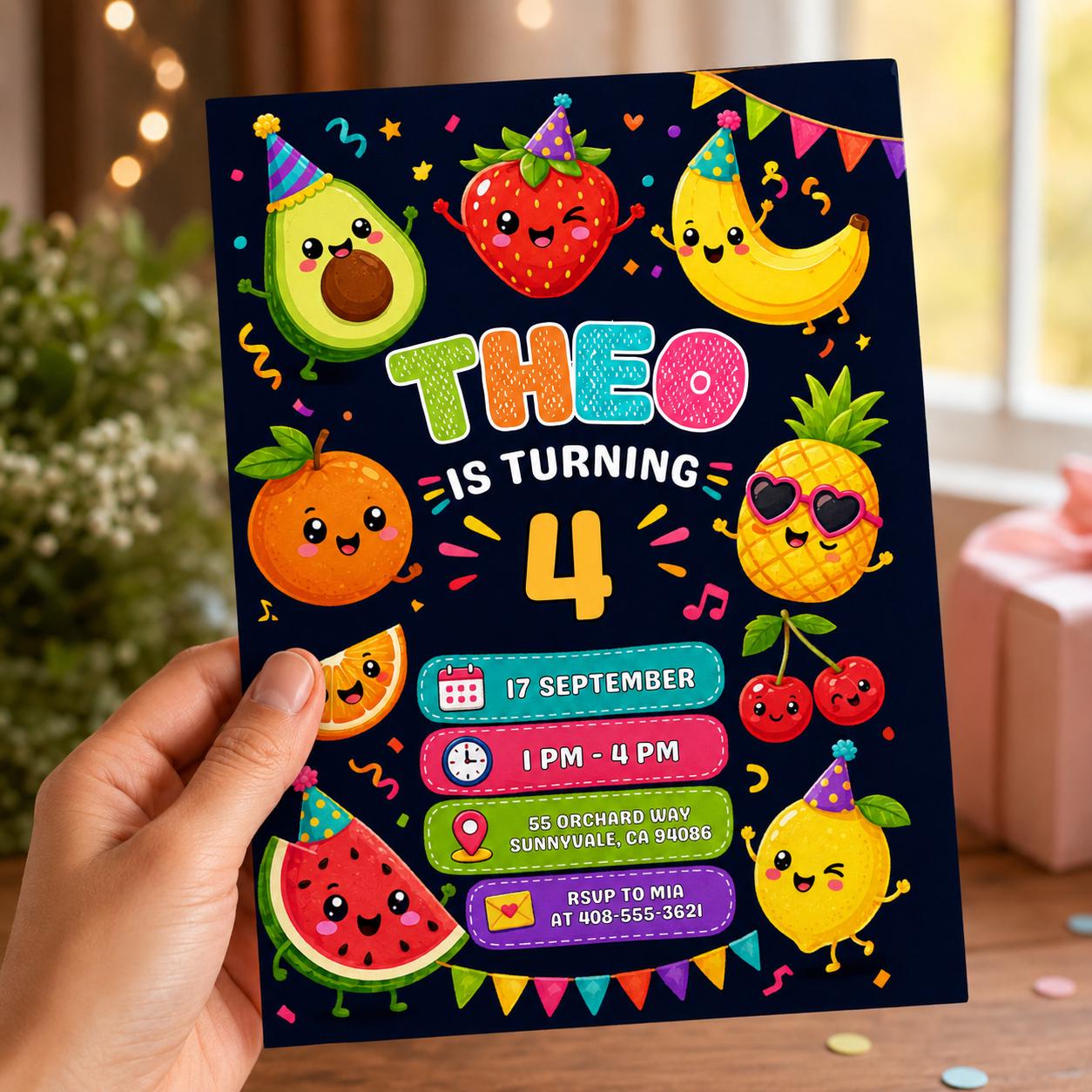 Dancing fruits Birthday invitation, printable hey Invite, kawaii Party Invite , Canva Template __etsy:8093714421