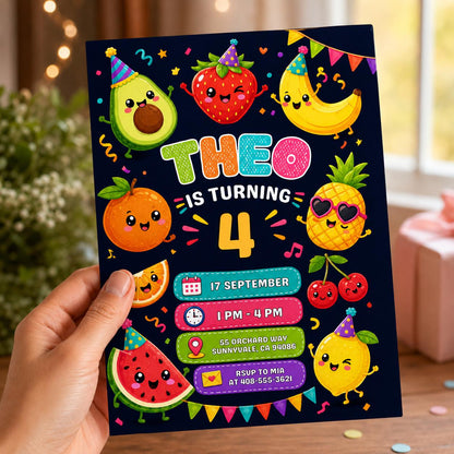 Dancing fruits Birthday invitation, printable hey Invite, kawaii Party Invite , Canva Template __etsy:8093714421