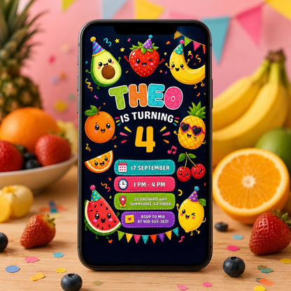 Dancing fruits Birthday invitation, printable hey Invite, kawaii Party Invite , Canva Template __etsy:8045803536