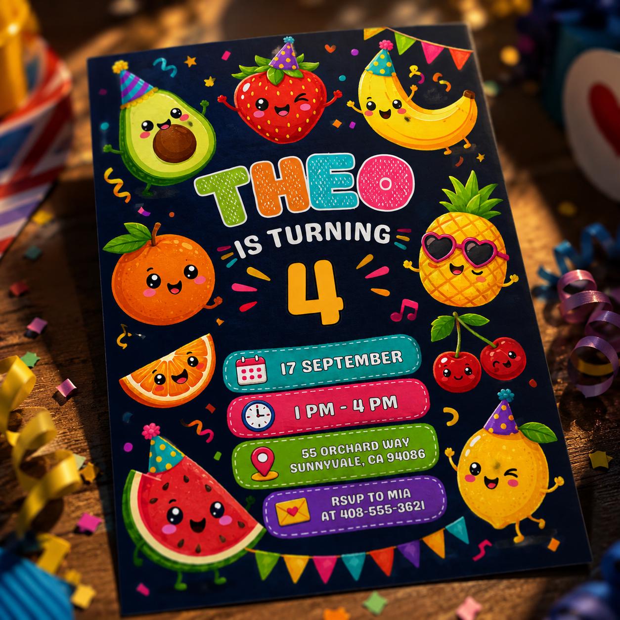 Dancing fruits Birthday invitation, printable hey Invite, kawaii Party Invite , Canva Template __etsy:8045803544