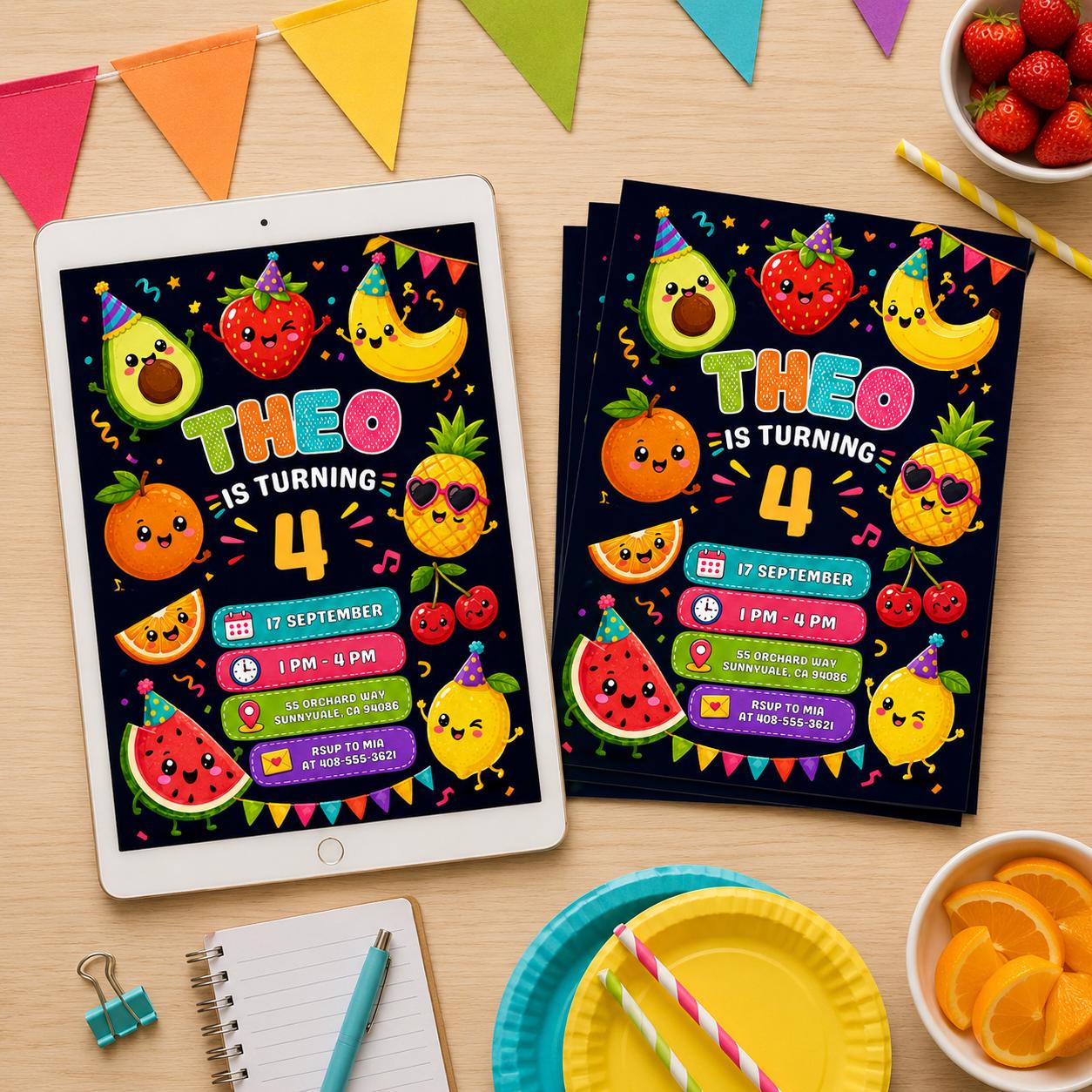 Dancing fruits Birthday invitation, printable hey Invite, kawaii Party Invite , Canva Template __etsy:8093714445
