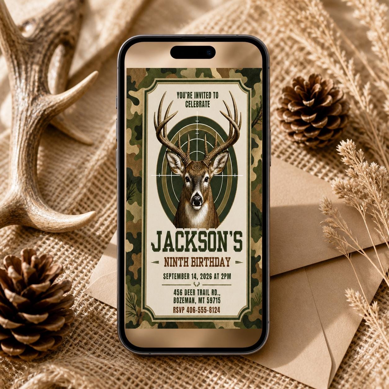 Deer Hunting Birthday Invitation, Deer Birthday Invitation, Deer Birthday Invite, Woodland Invite, Outdoor Invite, Editable Canva Template __etsy:8024840777