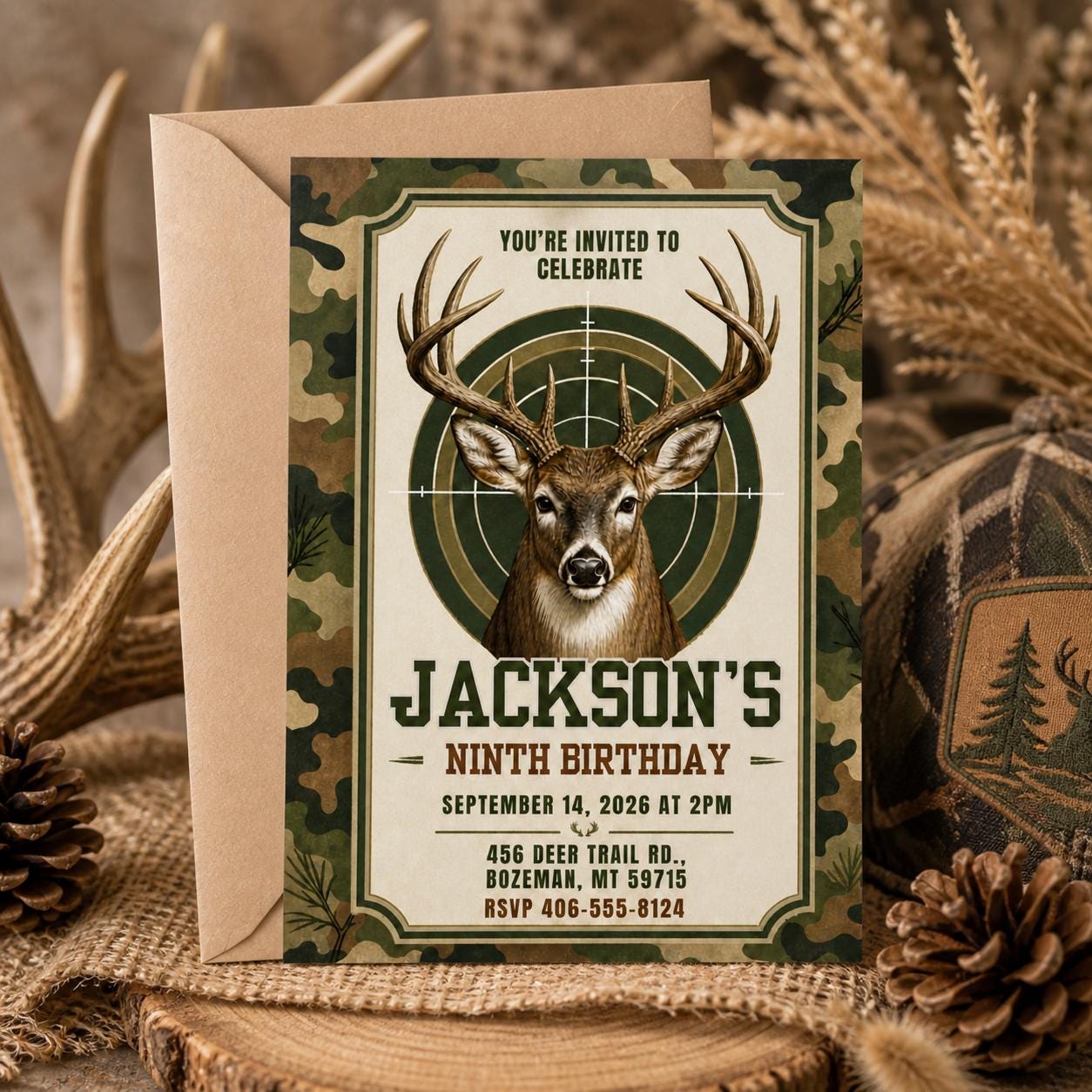 Deer Hunting Birthday Invitation, Deer Birthday Invitation, Deer Birthday Invite, Woodland Invite, Outdoor Invite, Editable Canva Template __etsy:8024840779