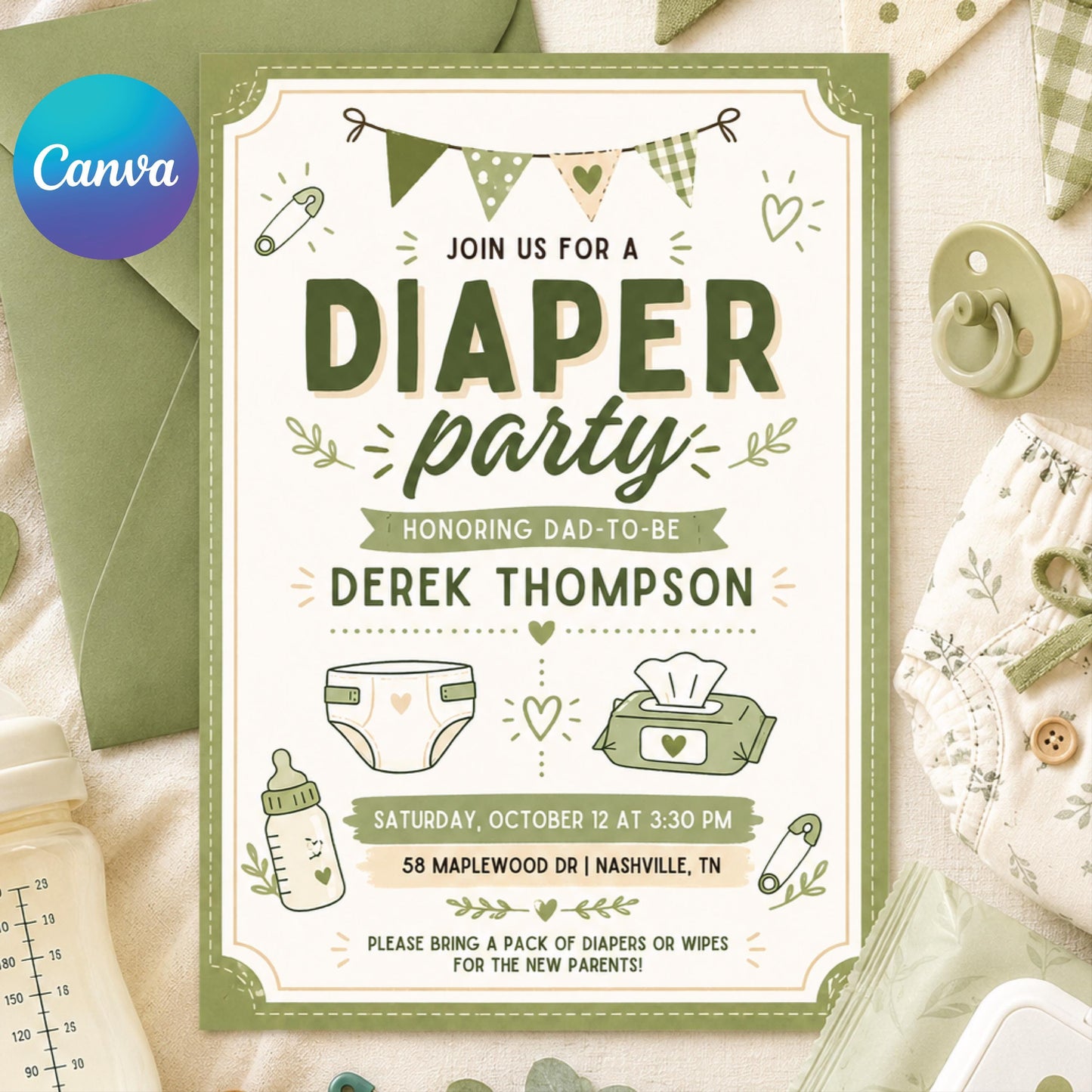 Diaper Party Invitation Template, Editable Canva Invite, Green Gingham Baby Shower, Dad-to-Be Party Printable, Diaper Party Invitation __etsy:8072362487