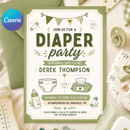 Diaper Party Invitation Template, Editable Canva Invite, Green Gingham Baby Shower, Dad-to-Be Party Printable, Diaper Party Invitation __etsy:8072362487