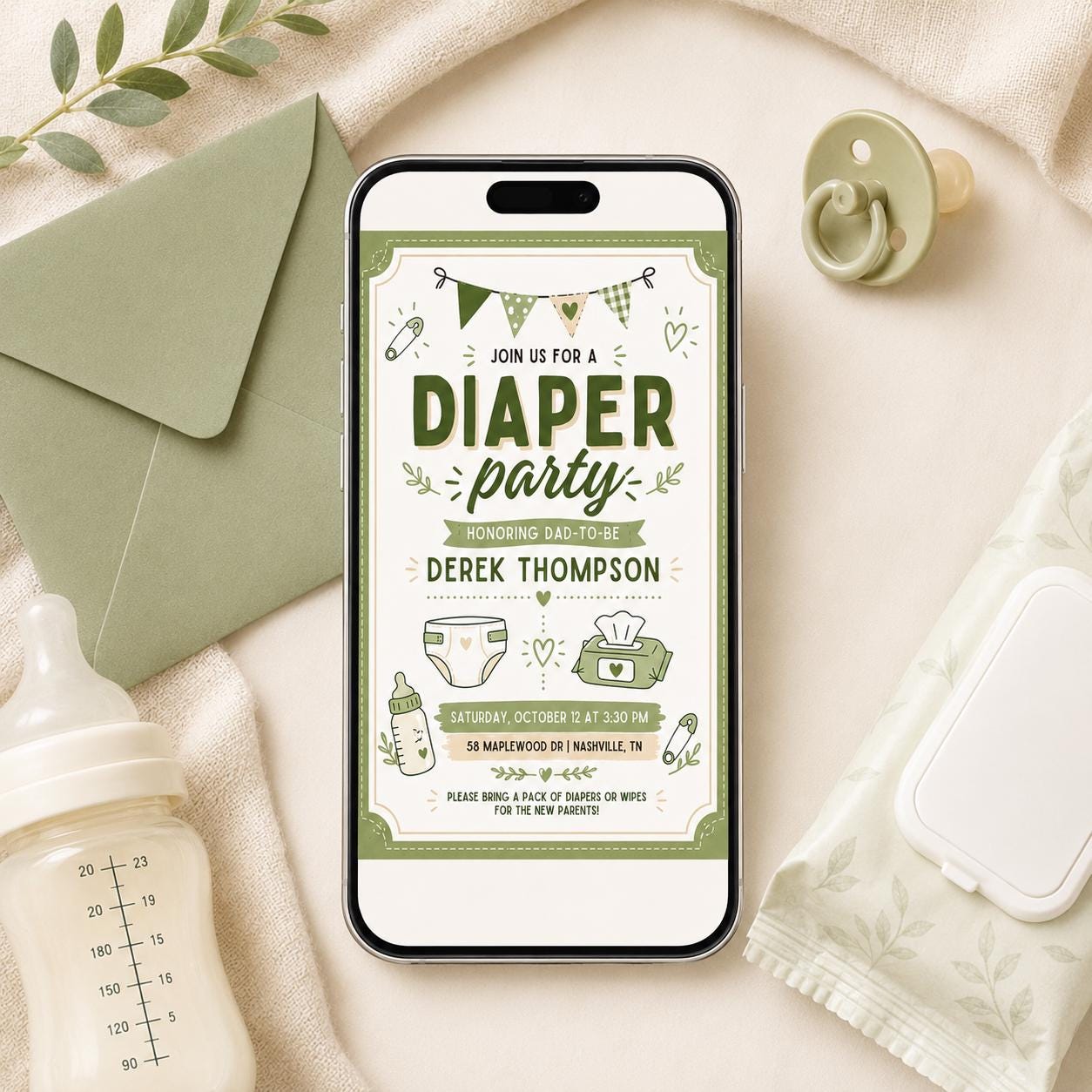 Diaper Party Invitation Template, Editable Canva Invite, Green Gingham Baby Shower, Dad-to-Be Party Printable, Diaper Party Invitation __etsy:8024451032