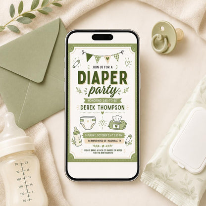 Diaper Party Invitation Template, Editable Canva Invite, Green Gingham Baby Shower, Dad-to-Be Party Printable, Diaper Party Invitation __etsy:8024451032