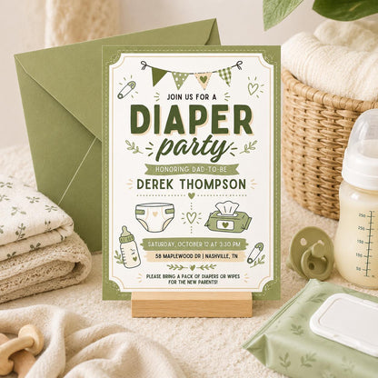 Diaper Party Invitation Template, Editable Canva Invite, Green Gingham Baby Shower, Dad-to-Be Party Printable, Diaper Party Invitation __etsy:8072361533