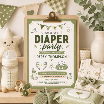 Diaper Party Invitation Template, Editable Canva Invite, Green Gingham Baby Shower, Dad-to-Be Party Printable, Diaper Party Invitation __etsy:8024451240
