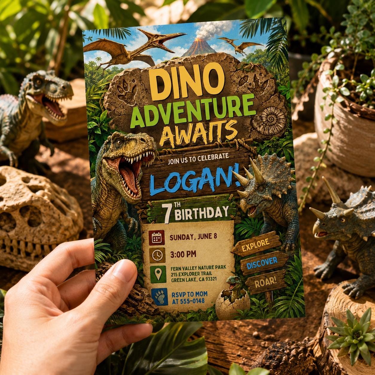 Dino Adventure Birthday Invitation, Editable Dinosaur Theme Party Invite, Boy 7th Birthday T-Rex Jungle Template, Three Rex Dino Four invite __etsy:8129921884