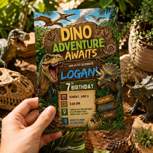 Dino Adventure Birthday Invitation, Editable Dinosaur Theme Party Invite, Boy 7th Birthday T-Rex Jungle Template, Three Rex Dino Four invite __etsy:8129921884