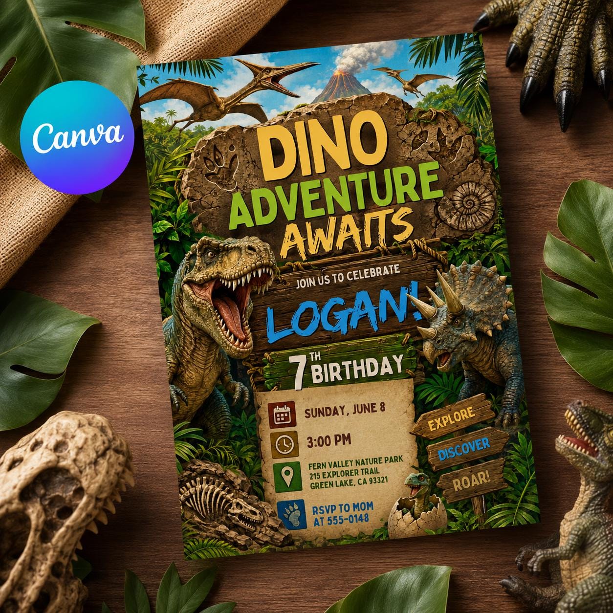 Dino Adventure Birthday Invitation, Editable Dinosaur Theme Party Invite, Boy 7th Birthday T-Rex Jungle Template, Three Rex Dino Four invite __etsy:8177819791