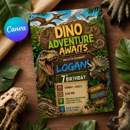 Dino Adventure Birthday Invitation, Editable Dinosaur Theme Party Invite, Boy 7th Birthday T-Rex Jungle Template, Three Rex Dino Four invite __etsy:8177819791