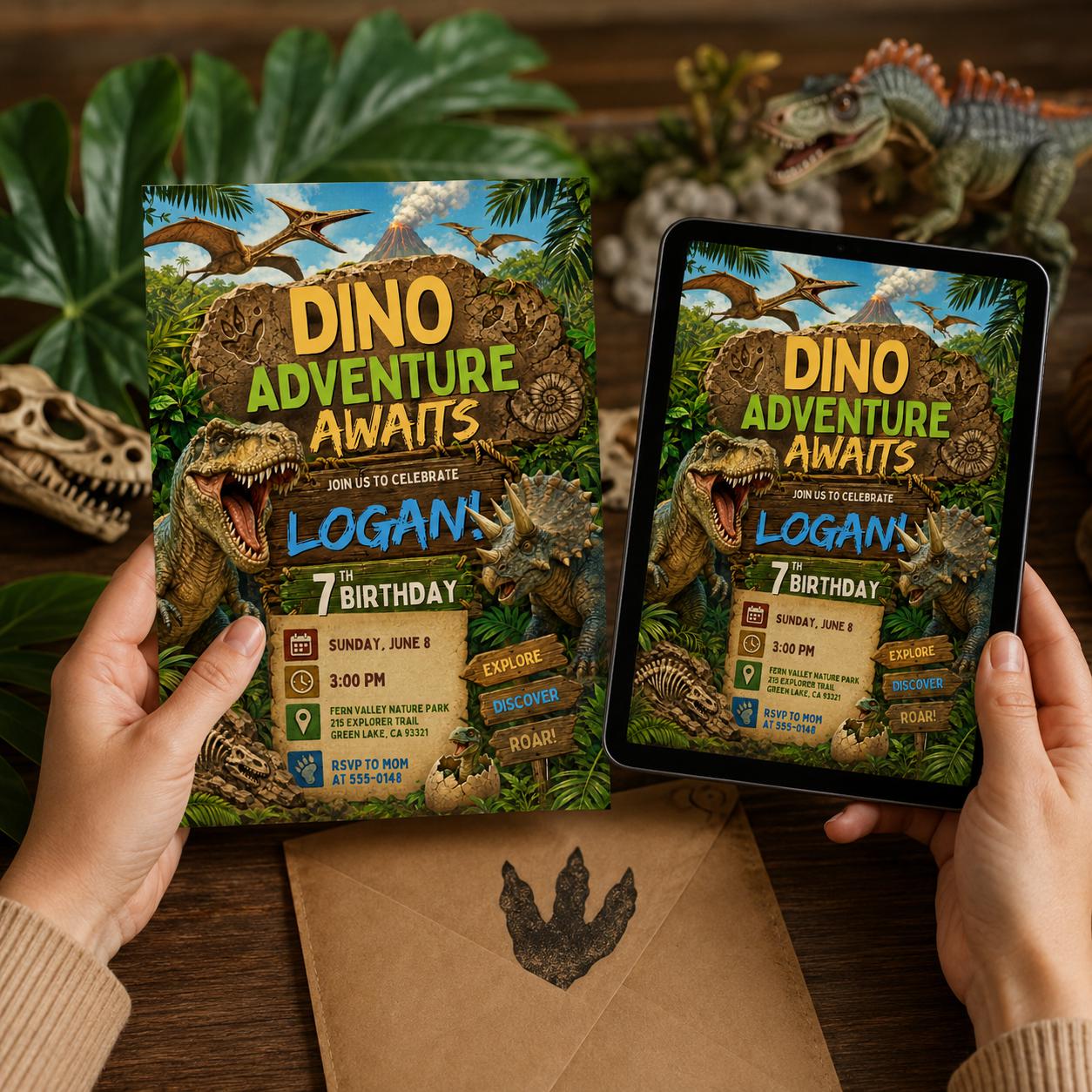 Dino Adventure Birthday Invitation, Editable Dinosaur Theme Party Invite, Boy 7th Birthday T-Rex Jungle Template, Three Rex Dino Four invite __etsy:8177819789