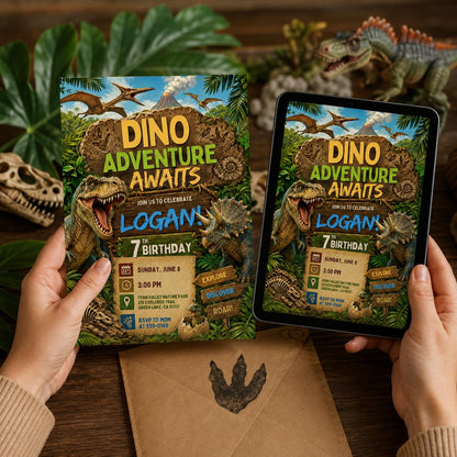 Dino Adventure Birthday Invitation, Editable Dinosaur Theme Party Invite, Boy 7th Birthday T-Rex Jungle Template, Three Rex Dino Four invite __etsy:8177819789