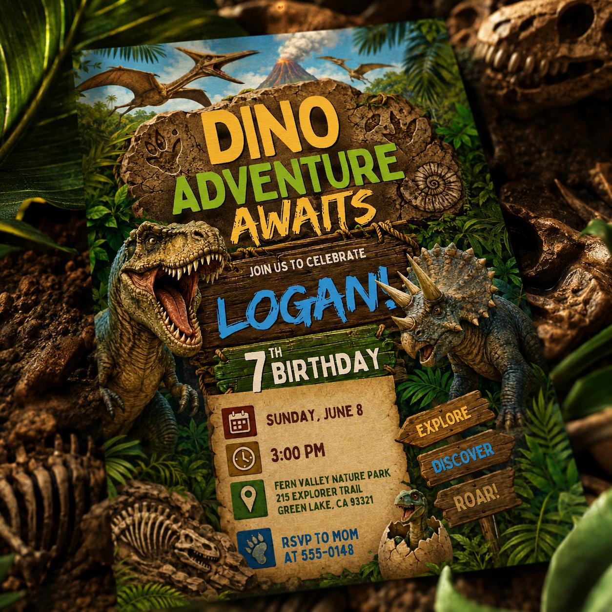 Dino Adventure Birthday Invitation, Editable Dinosaur Theme Party Invite, Boy 7th Birthday T-Rex Jungle Template, Three Rex Dino Four invite __etsy:8129921796