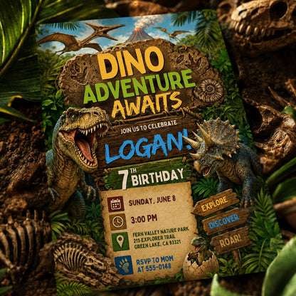 Dino Adventure Birthday Invitation, Editable Dinosaur Theme Party Invite, Boy 7th Birthday T-Rex Jungle Template, Three Rex Dino Four invite __etsy:8129921796