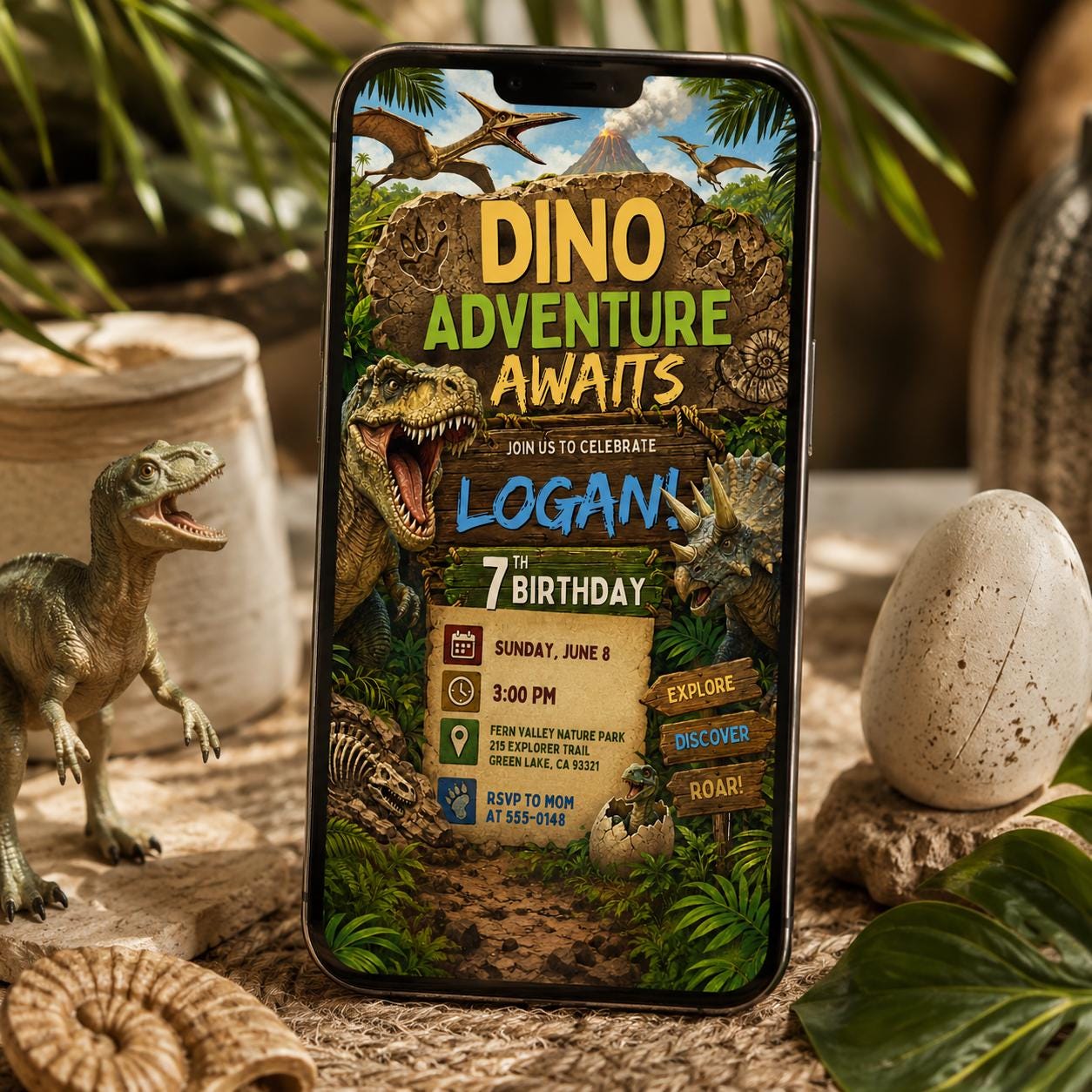 Dino Adventure Birthday Invitation, Editable Dinosaur Theme Party Invite, Boy 7th Birthday T-Rex Jungle Template, Three Rex Dino Four invite __etsy:8177819881