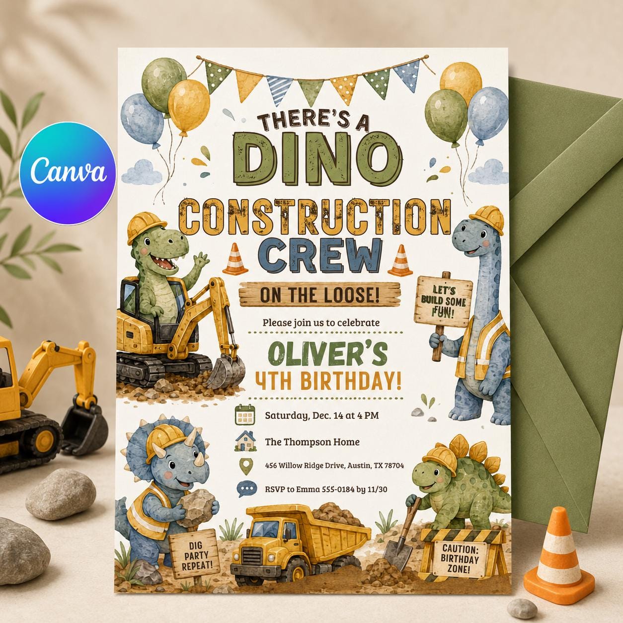 Dino Construction Birthday Invitation, Construction Birthday Invitation, Editable Canva Template __etsy:8094955221
