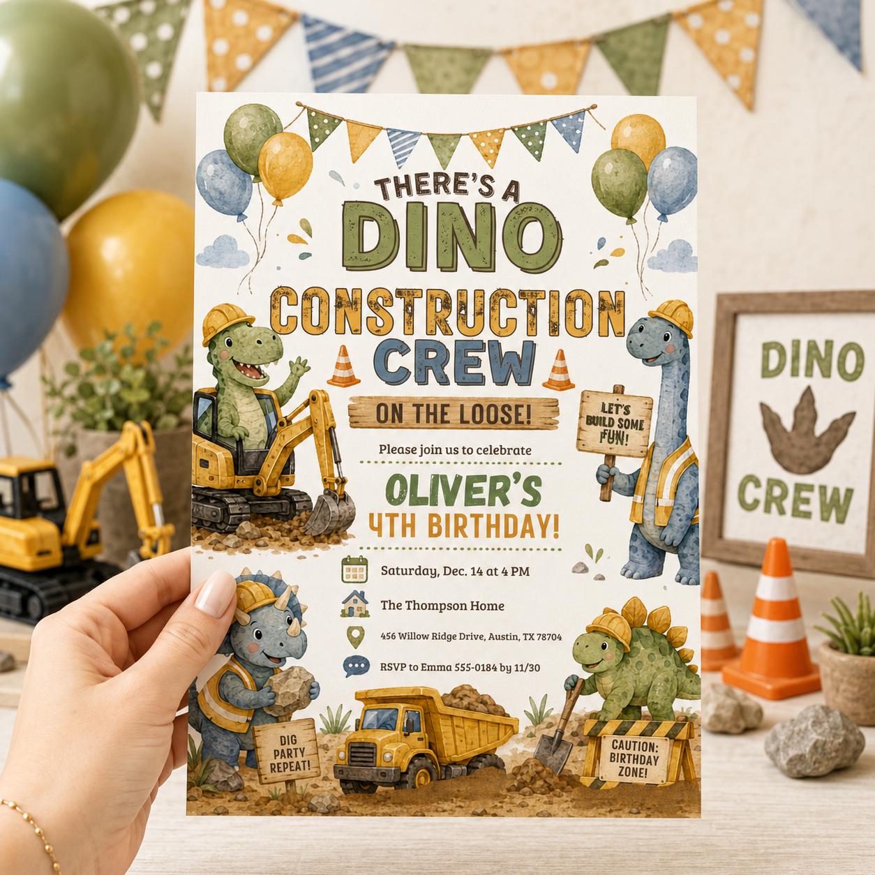 Dino Construction Birthday Invitation, Construction Birthday Invitation, Editable Canva Template __etsy:8094954361