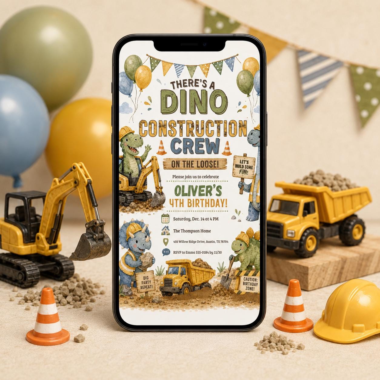 Dino Construction Birthday Invitation, Construction Birthday Invitation, Editable Canva Template __etsy:8094954797