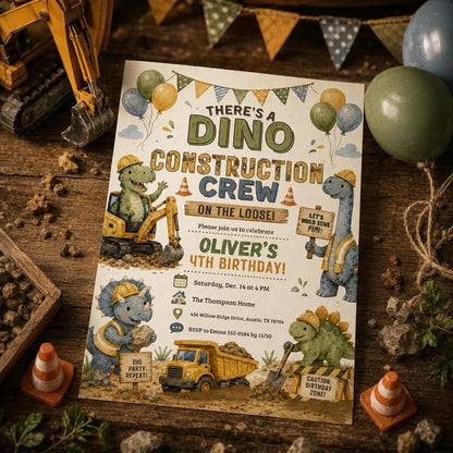Dino Construction Birthday Invitation, Construction Birthday Invitation, Editable Canva Template __etsy:8047046732
