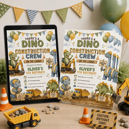 Dino Construction Birthday Invitation, Construction Birthday Invitation, Editable Canva Template __etsy:8047046692