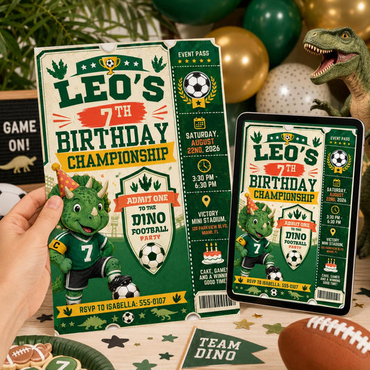Dino Football Birthday Invitation, Editable Dinosaur Soccer Party Invite, Boy 7th Birthday Ticket Template, Printable Digital Download __etsy:8179605031