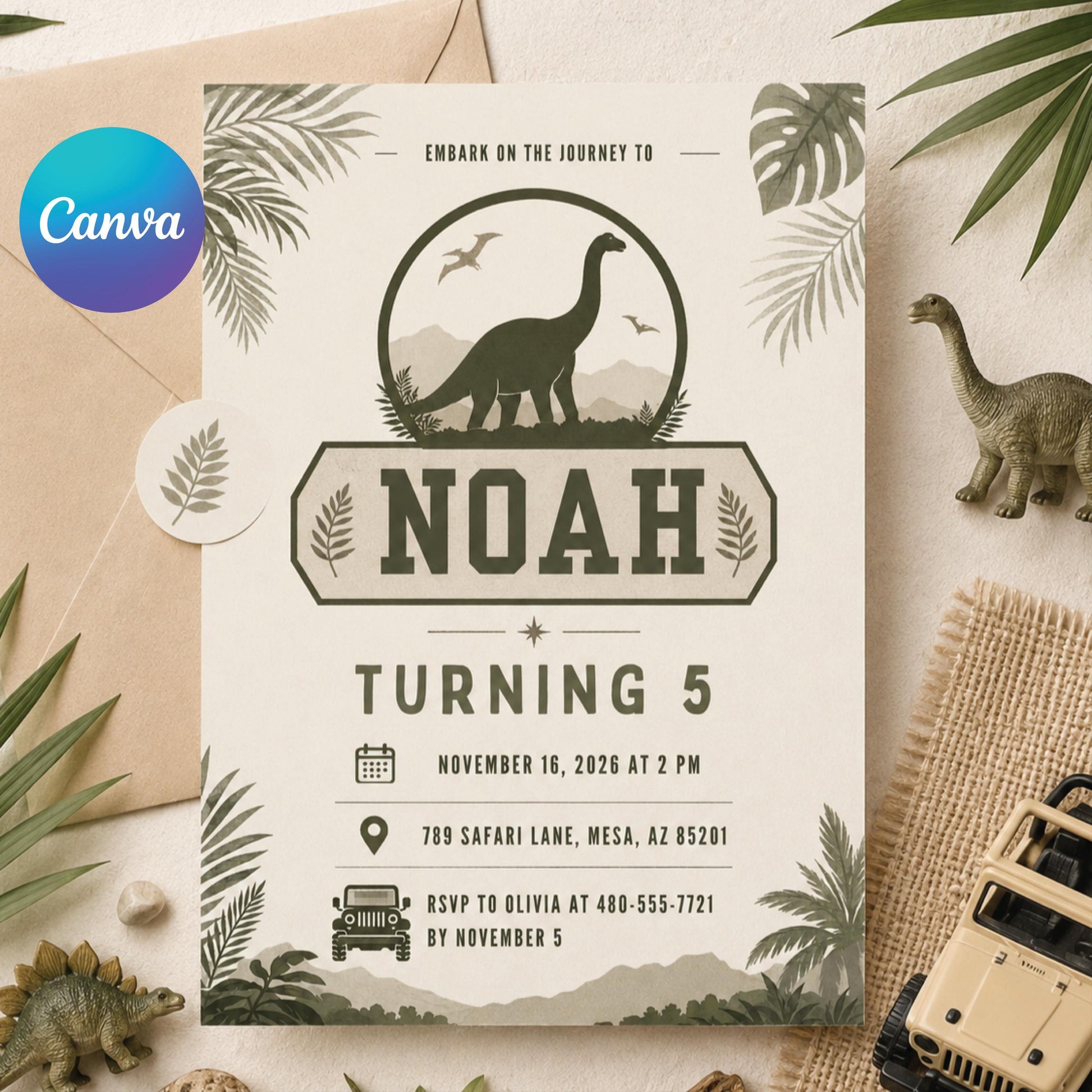 Dino Four Birthday Invitation, Dinosaur 4th Birthday Invite Boy, TRex Birthday Party Invitation, Dino Party Invite Printable, Canva template __etsy:8023686028