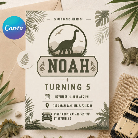 Dino Four Birthday Invitation, Dinosaur 4th Birthday Invite Boy, TRex Birthday Party Invitation, Dino Party Invite Printable, Canva template __etsy:8023686028