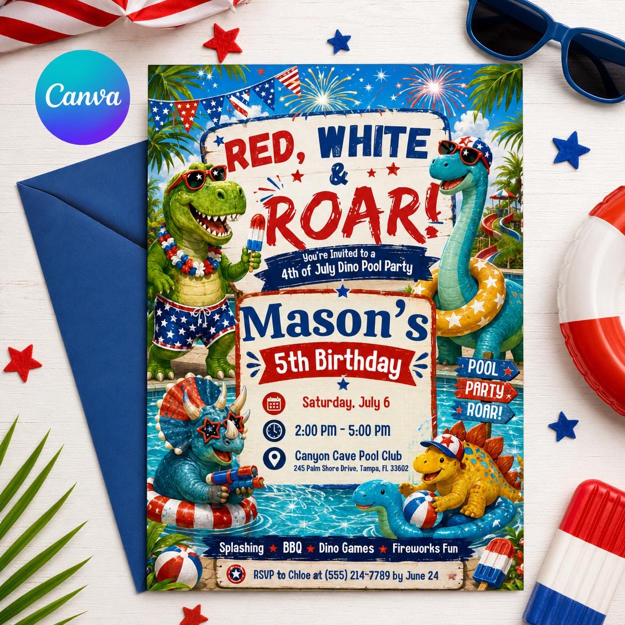 Dino Pool Party Invitation, America 250th Anniversary Invitation Template, 4th of July Party Invitation, USA Patriotic Editable Canva Invite __etsy:8071960876