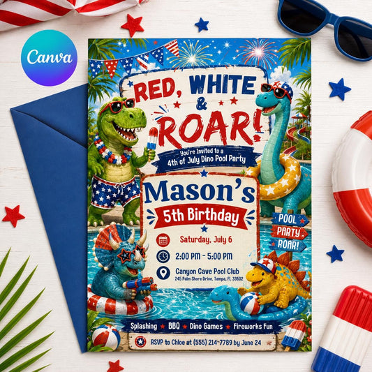 Dino Pool Party Invitation, America 250th Anniversary Invitation Template, 4th of July Party Invitation, USA Patriotic Editable Canva Invite __etsy:8071960876