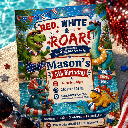 Dino Pool Party Invitation, America 250th Anniversary Invitation Template, 4th of July Party Invitation, USA Patriotic Editable Canva Invite __etsy:8071960836