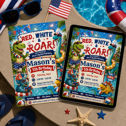 Dino Pool Party Invitation, America 250th Anniversary Invitation Template, 4th of July Party Invitation, USA Patriotic Editable Canva Invite __etsy:8119881663