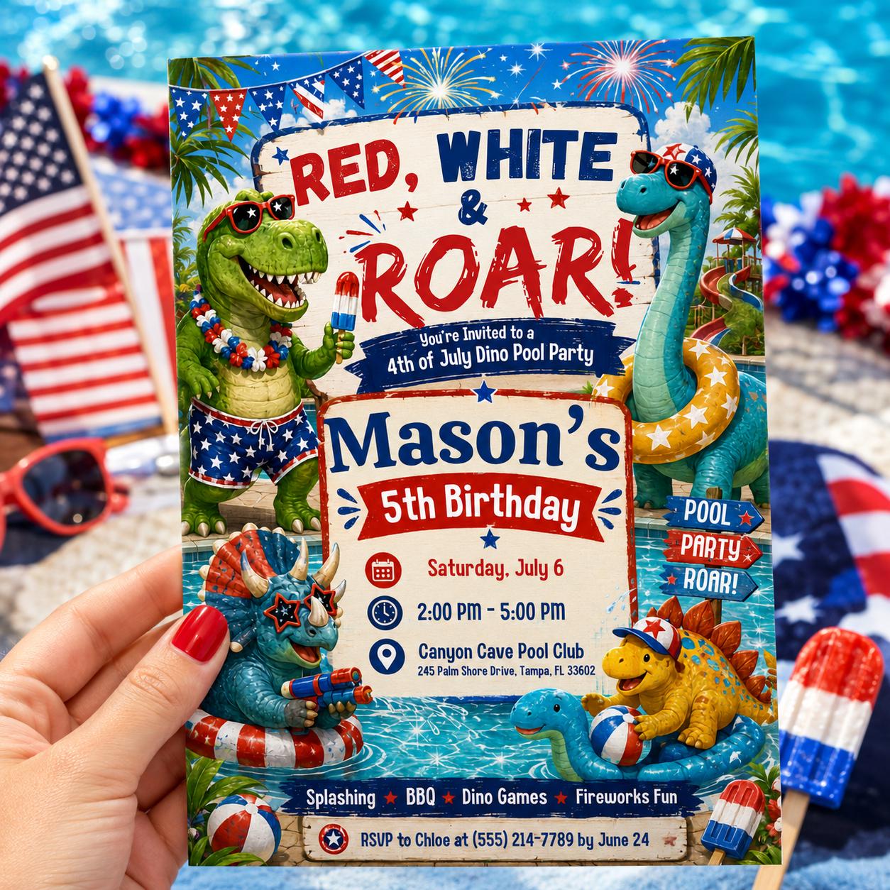 Dino Pool Party Invitation, America 250th Anniversary Invitation Template, 4th of July Party Invitation, USA Patriotic Editable Canva Invite __etsy:8071960878