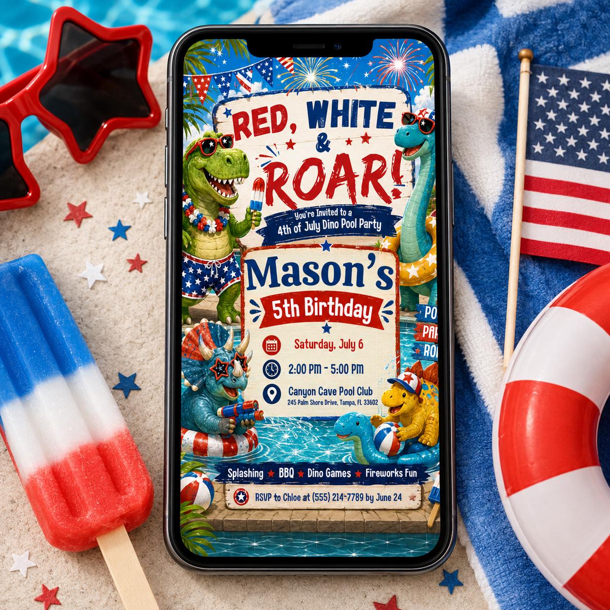 Dino Pool Party Invitation, America 250th Anniversary Invitation Template, 4th of July Party Invitation, USA Patriotic Editable Canva Invite __etsy:8119881661