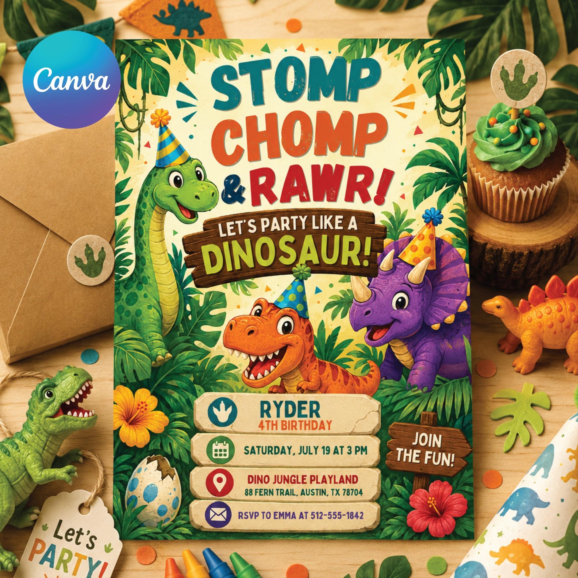 Dinosaur Birthday Invitation, Dinosaur 4th Birthday Invite Boy, TRex Birthday Party Invitation, Dino Party Invite Printable, Canva template __etsy:8024313454