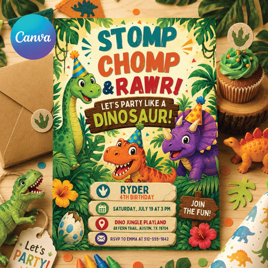 Dinosaur Birthday Invitation, Dinosaur 4th Birthday Invite Boy, TRex Birthday Party Invitation, Dino Party Invite Printable, Canva template __etsy:8024313454