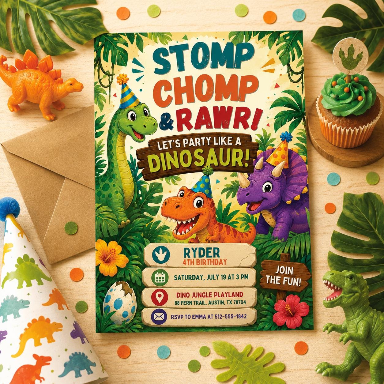Dinosaur Birthday Invitation, Dinosaur 4th Birthday Invite Boy, TRex Birthday Party Invitation, Dino Party Invite Printable, Canva template __etsy:8072219109
