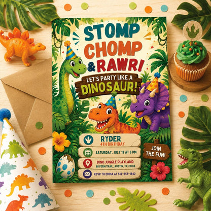 Dinosaur Birthday Invitation, Dinosaur 4th Birthday Invite Boy, TRex Birthday Party Invitation, Dino Party Invite Printable, Canva template __etsy:8072219109
