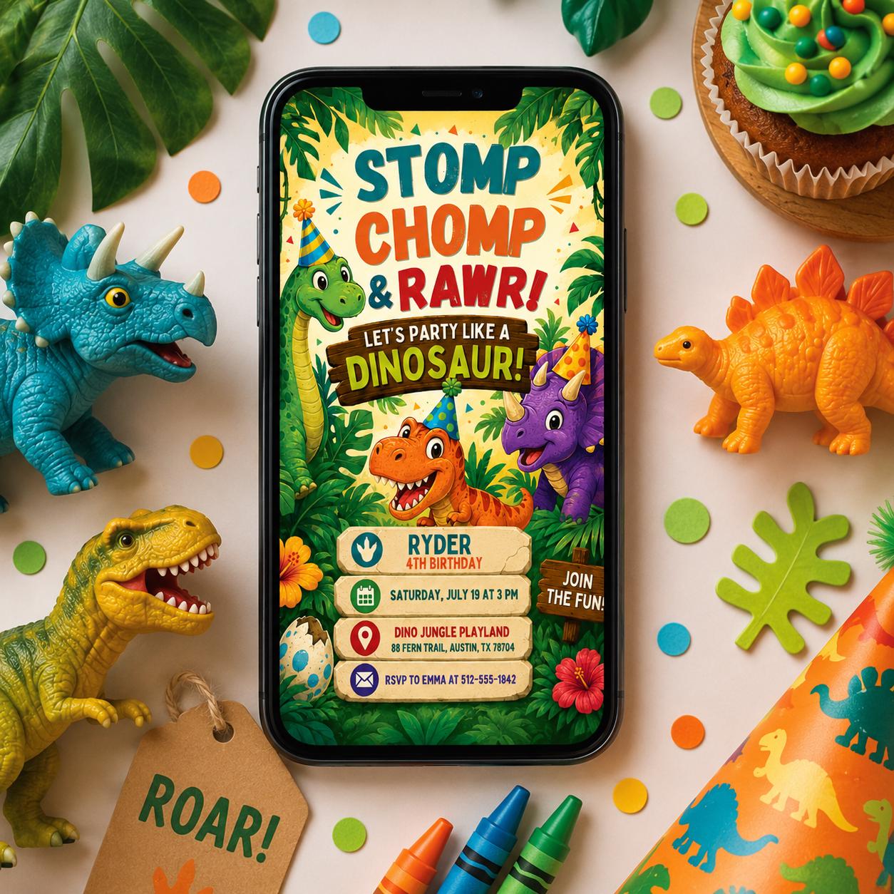 Dinosaur Birthday Invitation, Dinosaur 4th Birthday Invite Boy, TRex Birthday Party Invitation, Dino Party Invite Printable, Canva template __etsy:8024308996