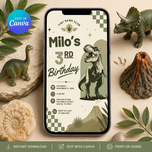 Dinosaur Birthday Invitation Editable Template, Retro Vintage Tiny Rawr Club Invite, Three Rex Boy 3rd Birthday, Dino Four Invite __etsy:8128535226