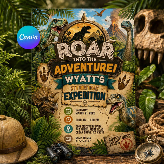 Dinosaur Birthday Invitation Editable Template, Roar Adventure Expedition Party, Printable Digital Canva Download, Dino Explorer Party Theme __etsy:8128330290
