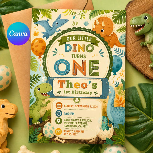 Dinosaur Birthday Invitation Template, Dino Turns One Party Invite, Editable Canva 1st Birthday, Jungle Safari invite, Dino four, Three rex __etsy:8124417580