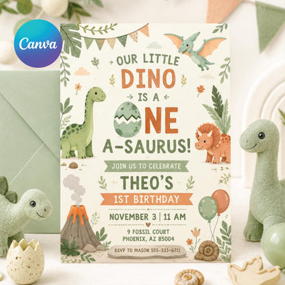 Dinosaur Birthday Party Invitation, One-A-Saurus Birthday Invite, Boy Dinosaur 1st Birthday, One A-saurus Boy First Birthday, Editable Canva __etsy:8024417158
