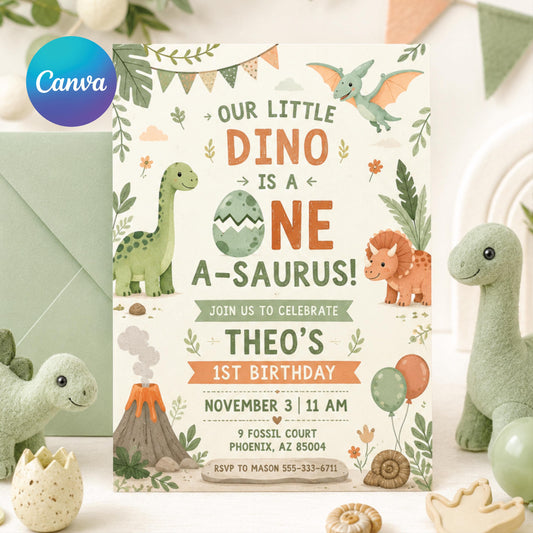 Dinosaur Birthday Party Invitation, One-A-Saurus Birthday Invite, Boy Dinosaur 1st Birthday, One A-saurus Boy First Birthday, Editable Canva __etsy:8024417158