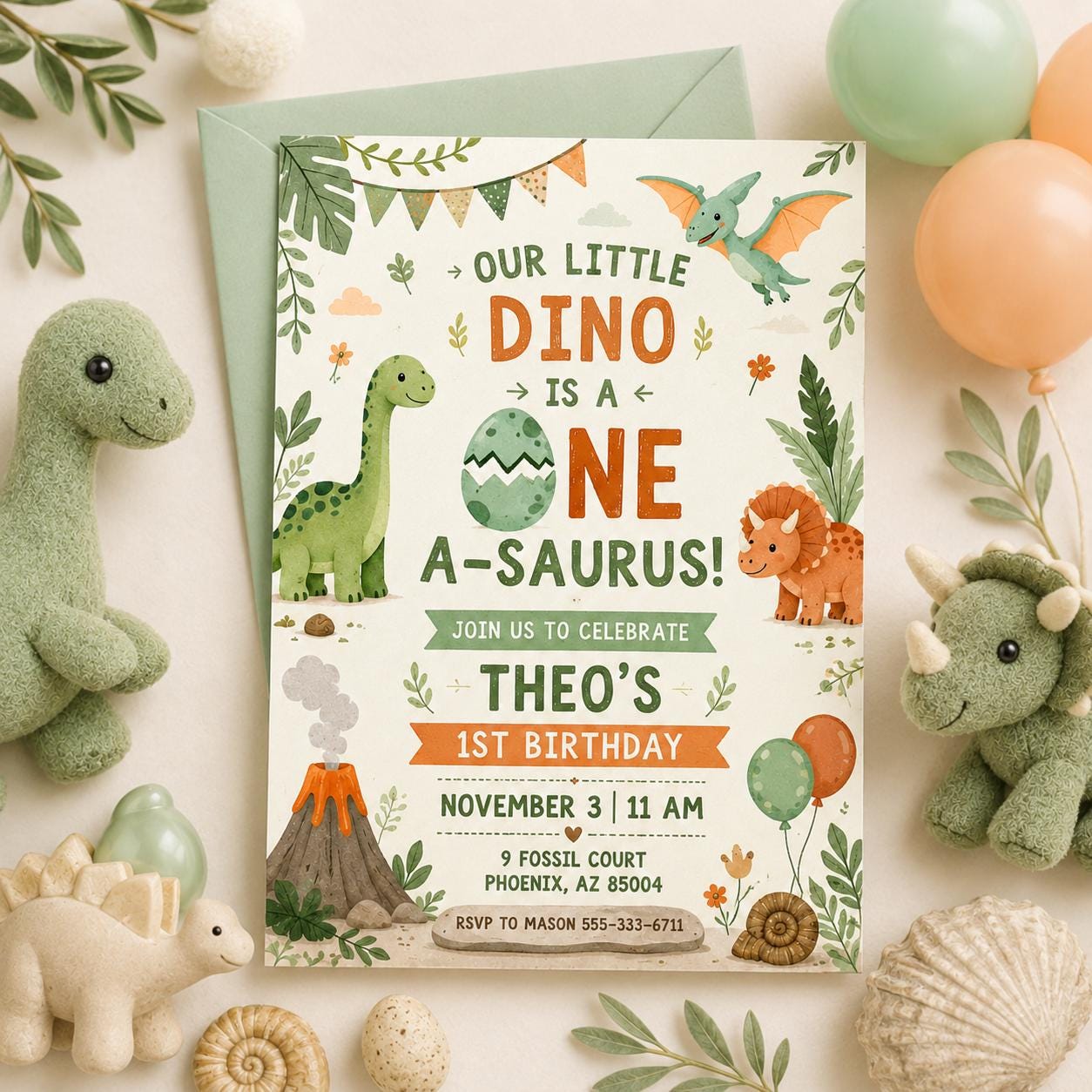 Dinosaur Birthday Party Invitation, One-A-Saurus Birthday Invite, Boy Dinosaur 1st Birthday, One A-saurus Boy First Birthday, Editable Canva __etsy:8024415306