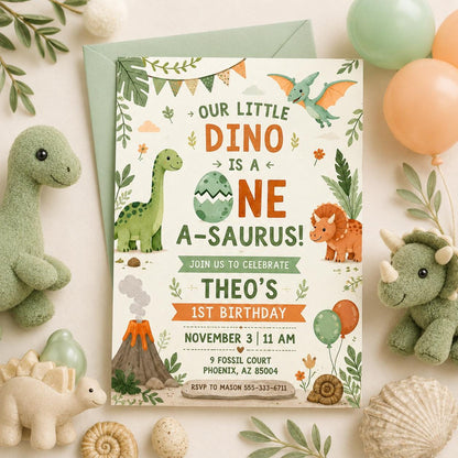 Dinosaur Birthday Party Invitation, One-A-Saurus Birthday Invite, Boy Dinosaur 1st Birthday, One A-saurus Boy First Birthday, Editable Canva __etsy:8024415306
