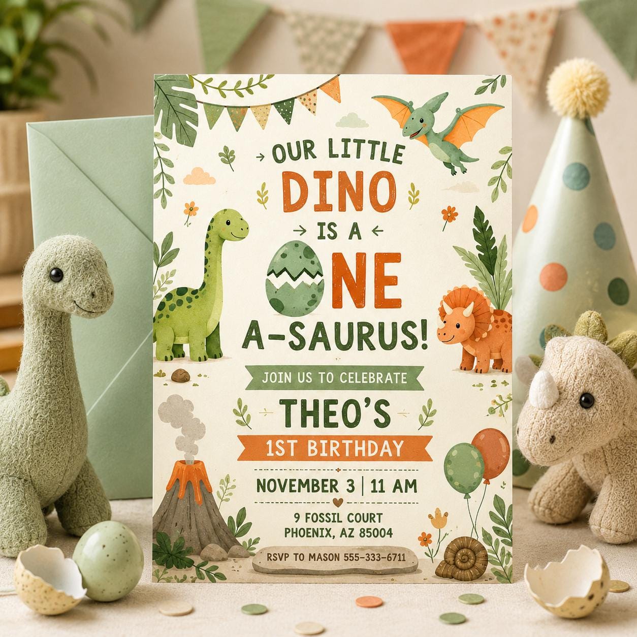 Dinosaur Birthday Party Invitation, One-A-Saurus Birthday Invite, Boy Dinosaur 1st Birthday, One A-saurus Boy First Birthday, Editable Canva __etsy:8024415326