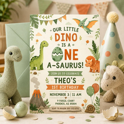 Dinosaur Birthday Party Invitation, One-A-Saurus Birthday Invite, Boy Dinosaur 1st Birthday, One A-saurus Boy First Birthday, Editable Canva __etsy:8024415326